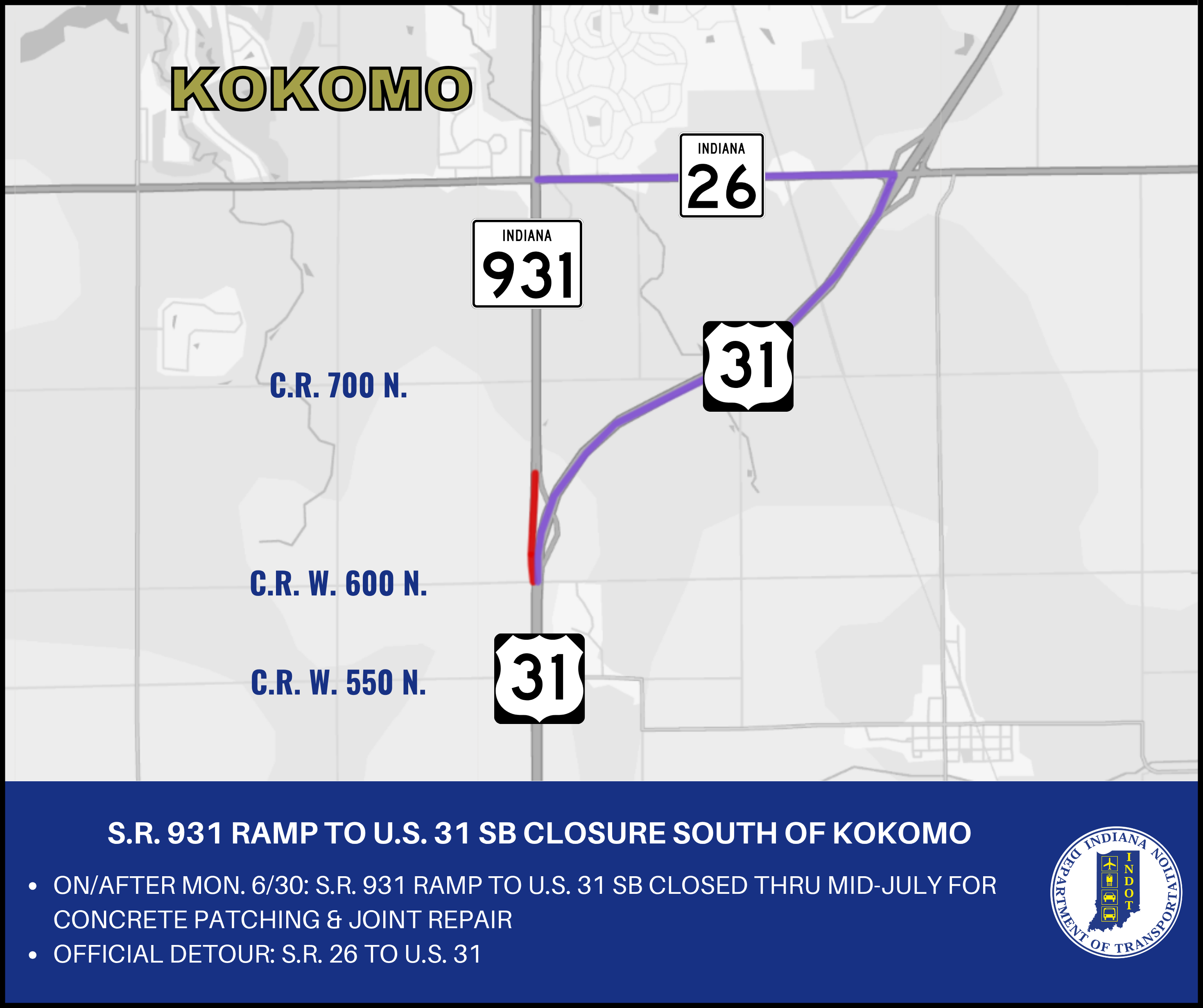 U.S. 31 closing at Ind. 931 south ramp
