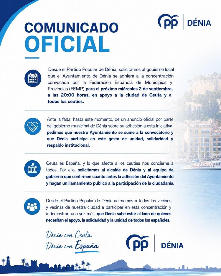 El PP de Dénia pide al Ayuntamiento que se adhiera a la concentración en apoyo a Ceuta convocada por la FEMP