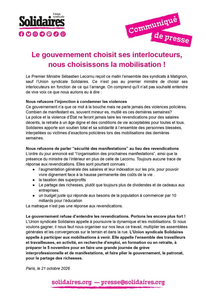 Solidaires // Le gouvernement choisit ses interlocuteurs, nous choisissons la mobilisation !
