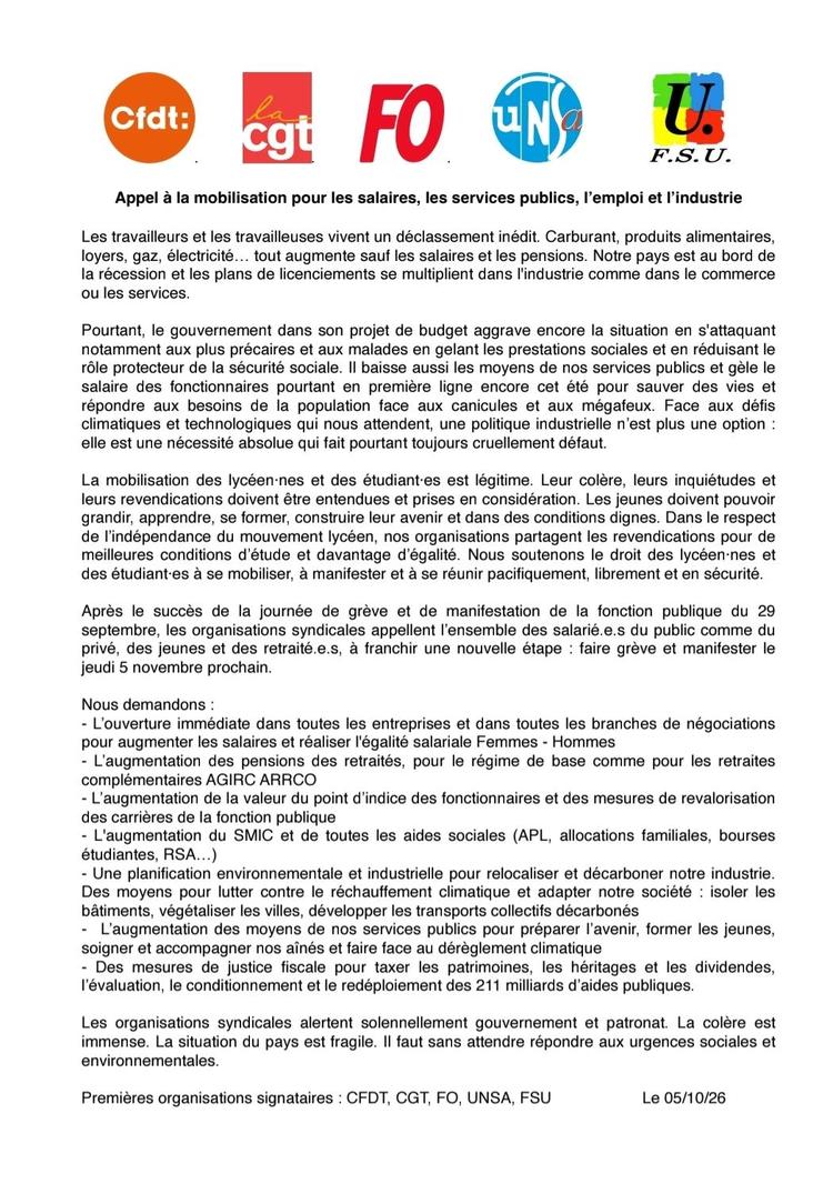 Appel à la grève et à la manifestation  intersyndical du 5 novembre 