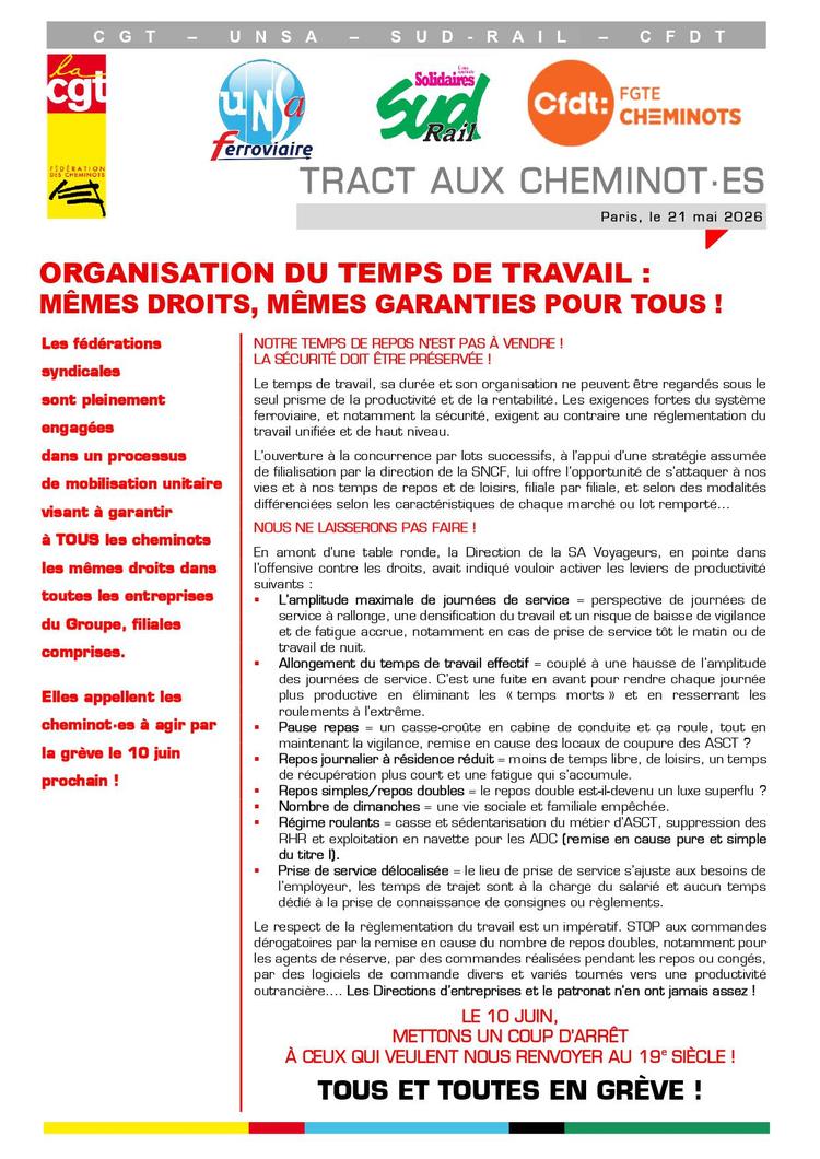 Unitaire cheminots // Organisation du temps de travail, mêmes droits pour tous !