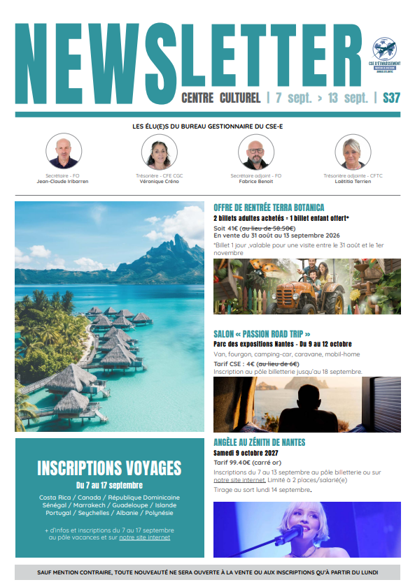Newsletter du 07 au 11 septembre 2026.