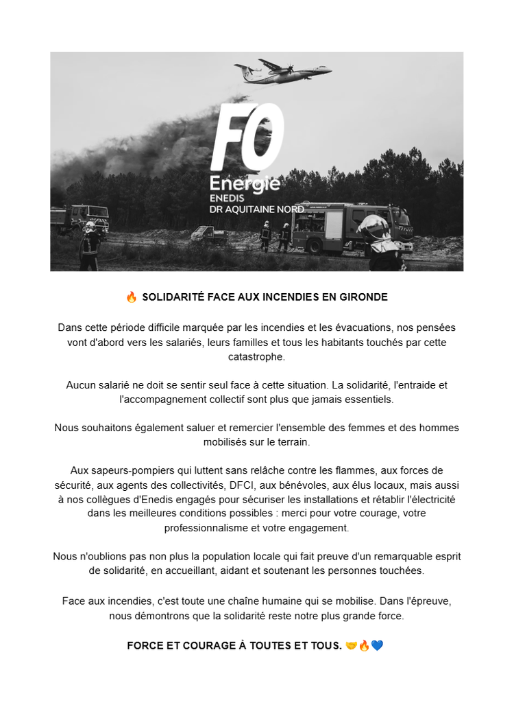 [FO Énergie AQN] 🔥 Solidarité face aux incendies en Gironde