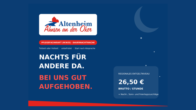 Altenheim "Ahnsen an der Oker" sucht Pflegefachkraft (m/w/d) Dauernachtwache!  