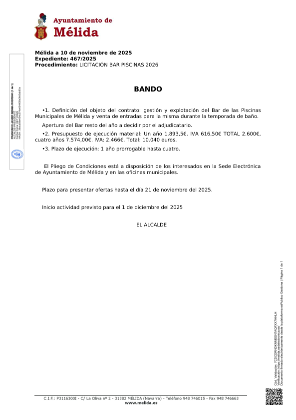 Licitación para la gestión y explotación del Bar de las Piscinas Municipales de Mélida 2026