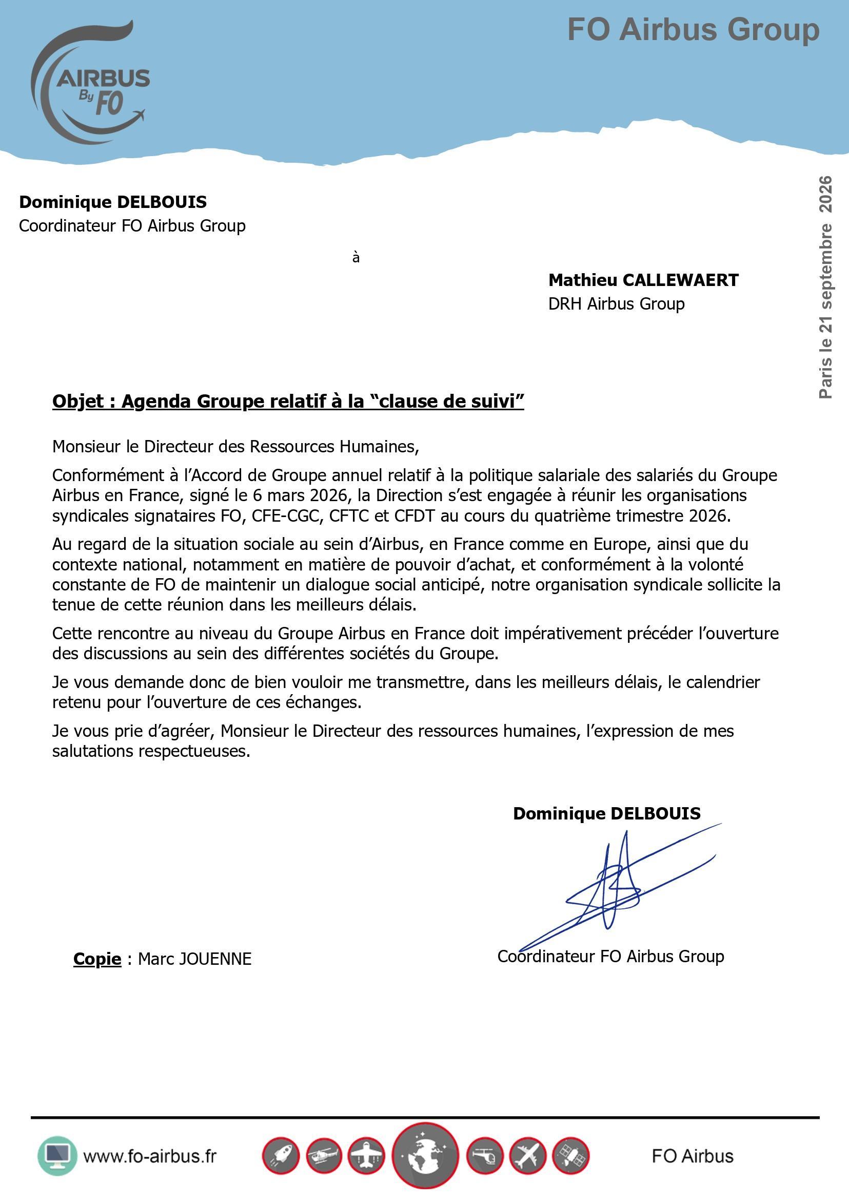 Courrier à la direction : Clause de suivi
