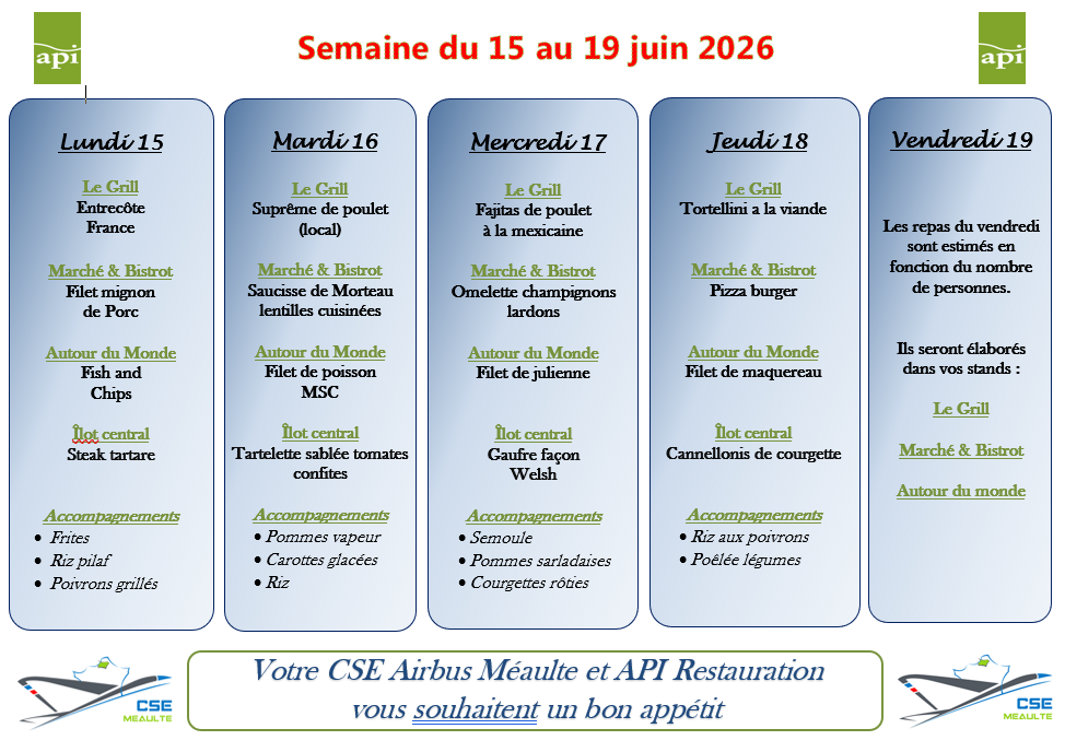 Menu du 15 au 19 juin 2026
