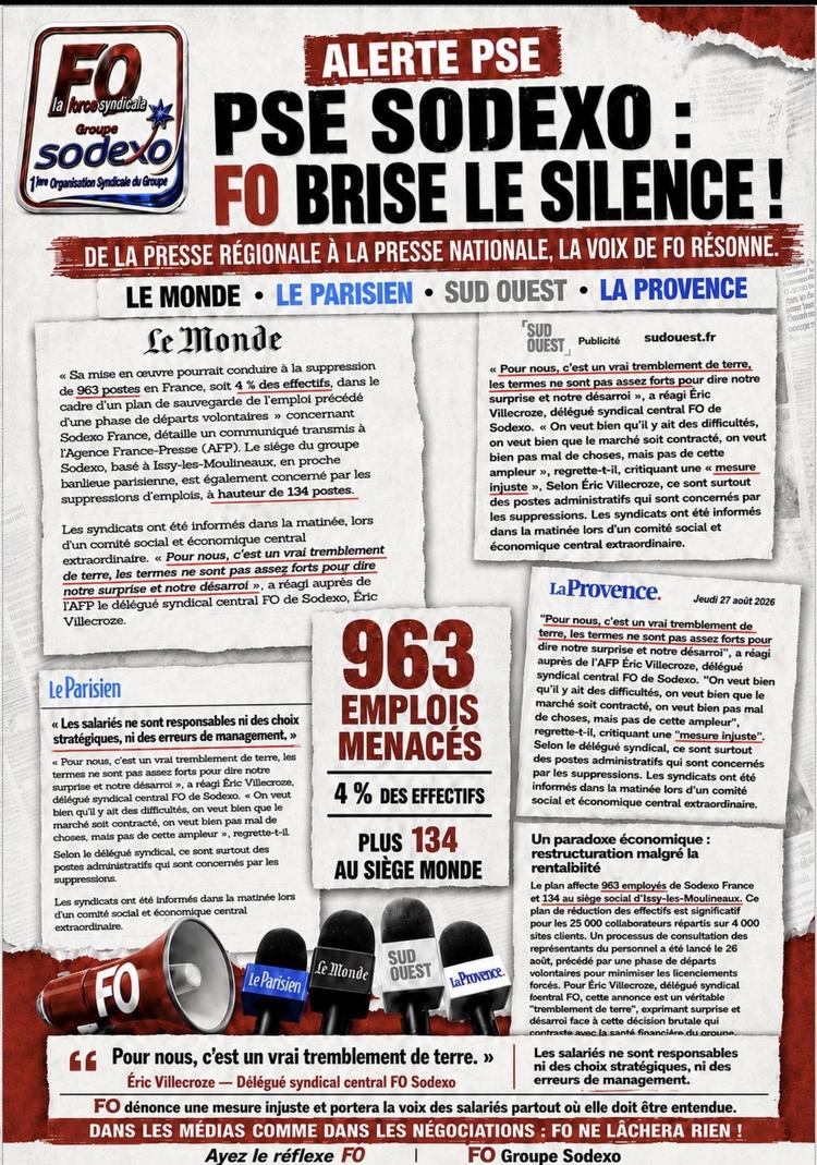Flash PSE: FO Sodexo et son Délégué Central extraits des interventions dans la Presse Régionale et Nationale