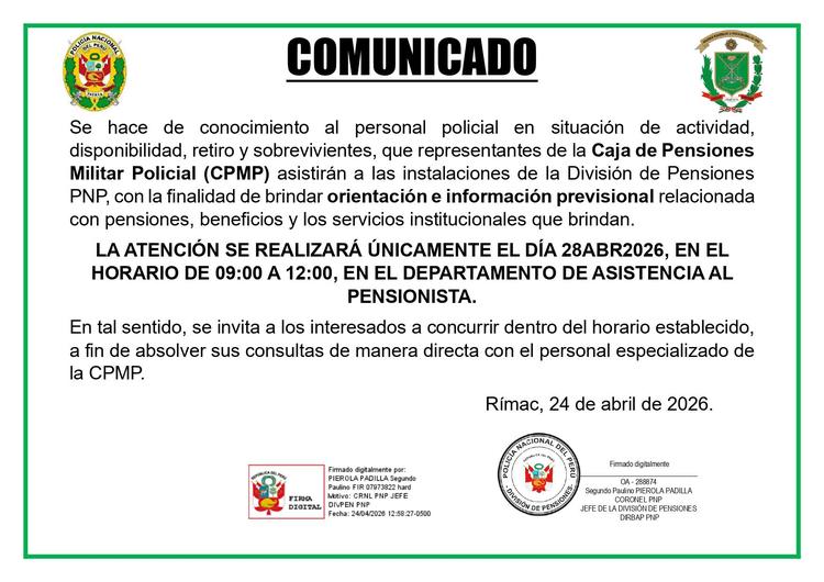 Anuncian atención para informar sobre el nuevo descuento pensionario en la PNP