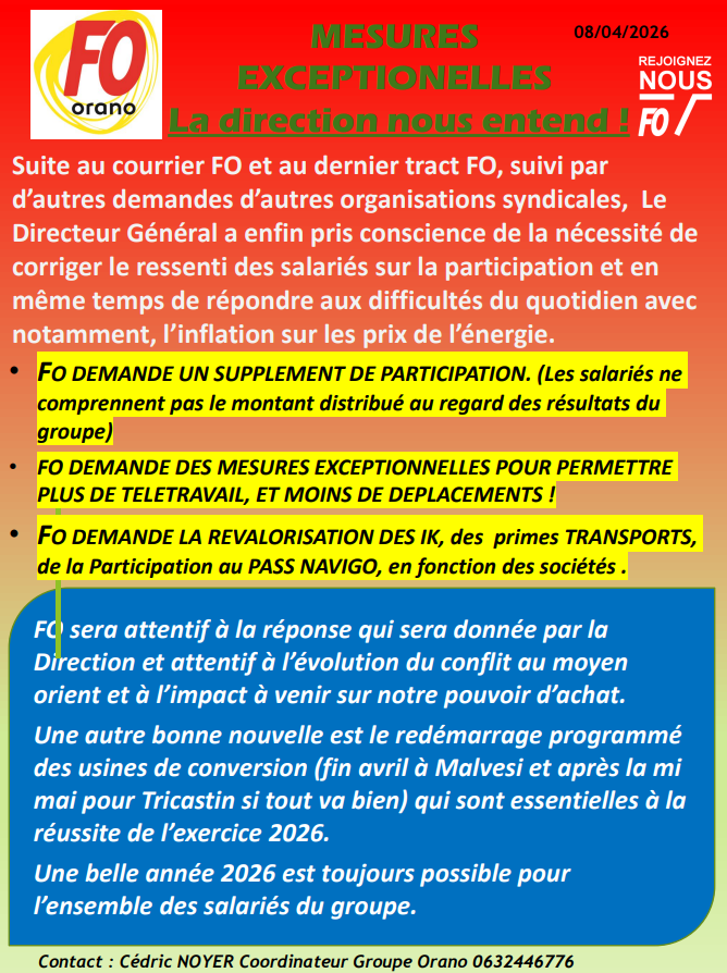 FO obtient gain de cause . on attend les modalités ( FO préfère en toute logique de la participation supplémentaire , mais est ouvert  sur les modalités)