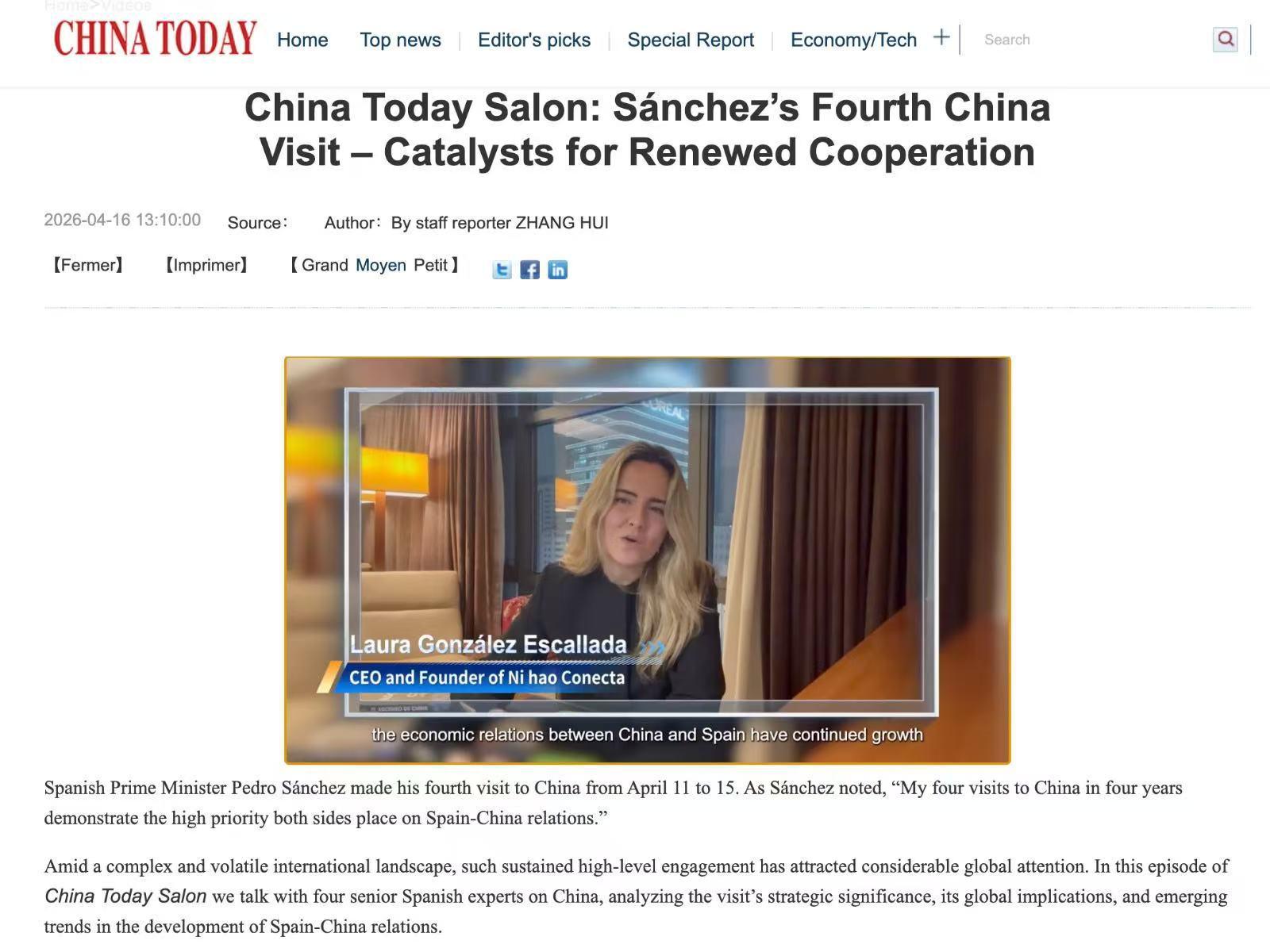 Análisis de la cuarta visita del Presidente Pedro Sánchez a China en China Today