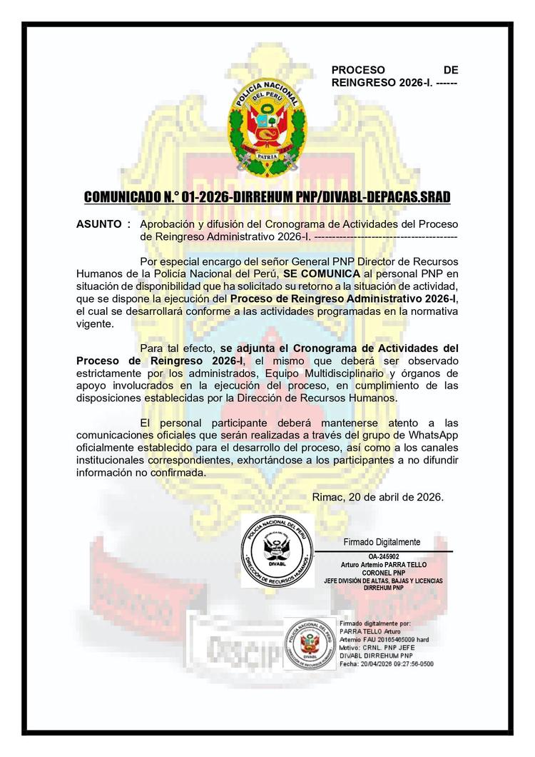 Anuncian Proceso de Reingreso a la PNP 2026-I