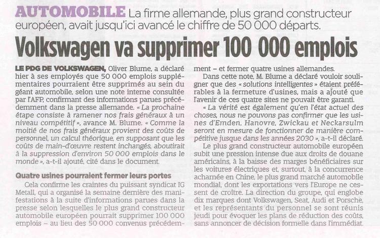 Volkswagen va supprimer 100 000 emplois