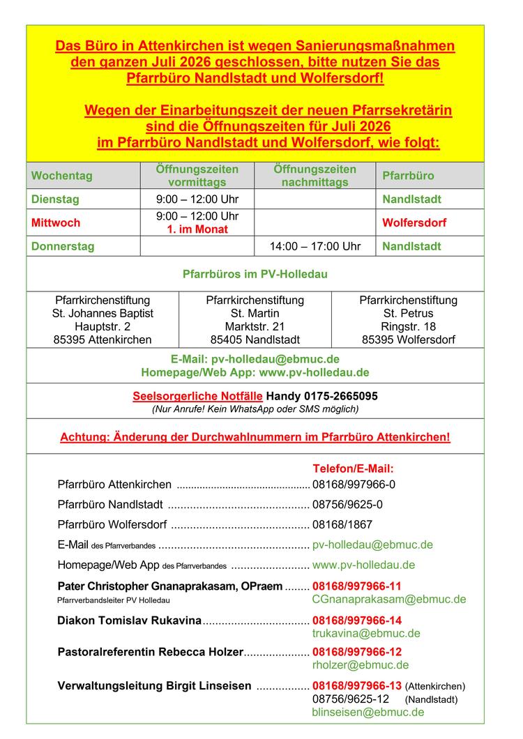 Geänderte Öffungszeiten im Juli