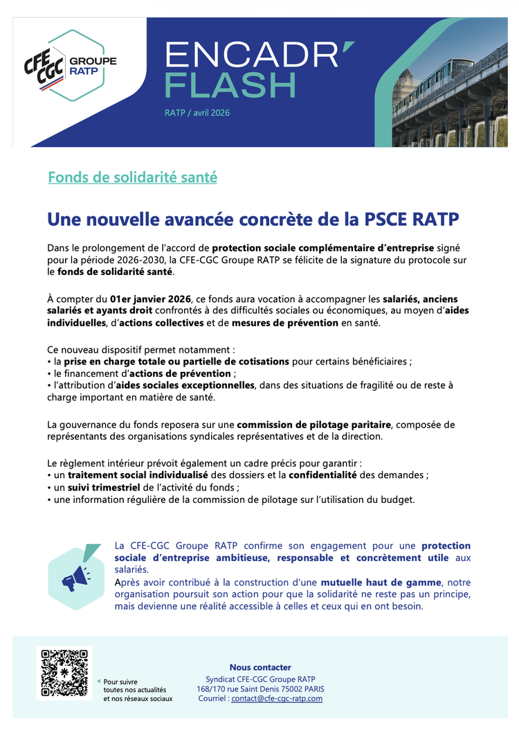 Fonds de solidarité santé : une nouvelle avancée concrète de la PSCE RATP