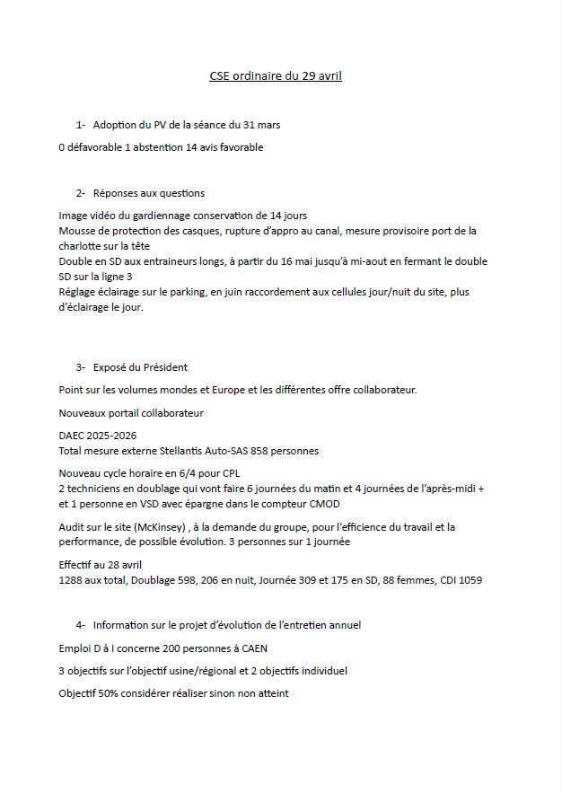 compte rendu CSE Ordinaire du 29 avril