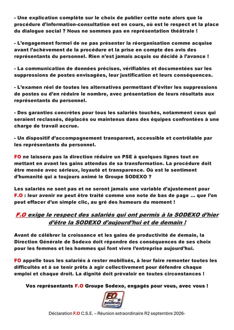 Déclaration FO Groupe SODEXO - Le PSE n'est pas une ligne en bas de page