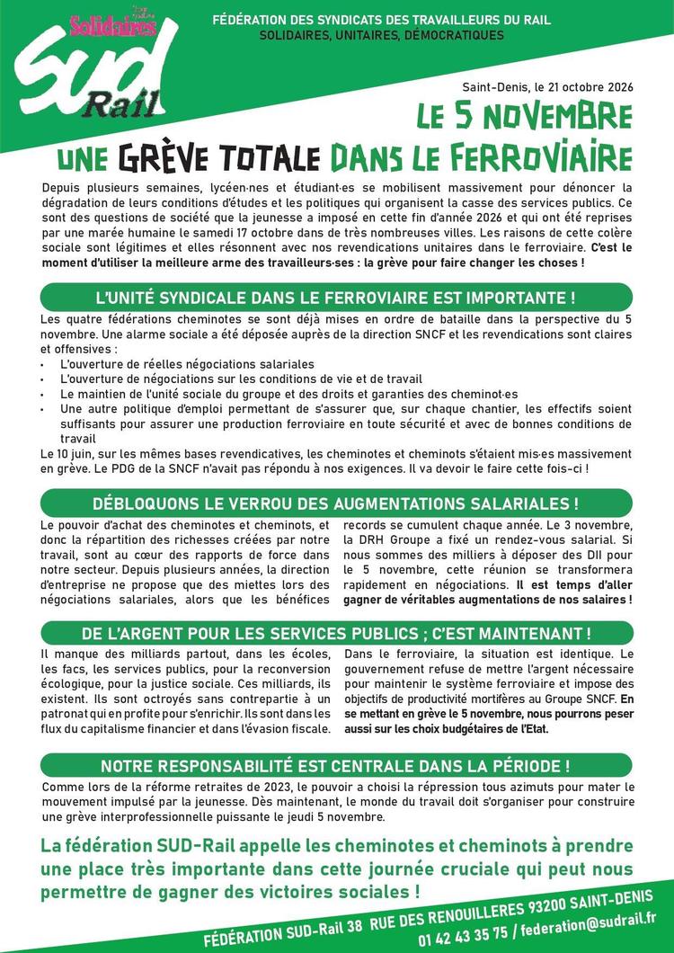 SUD-Rail // Le 5 novembre, une grève totale dans le ferroviaire !