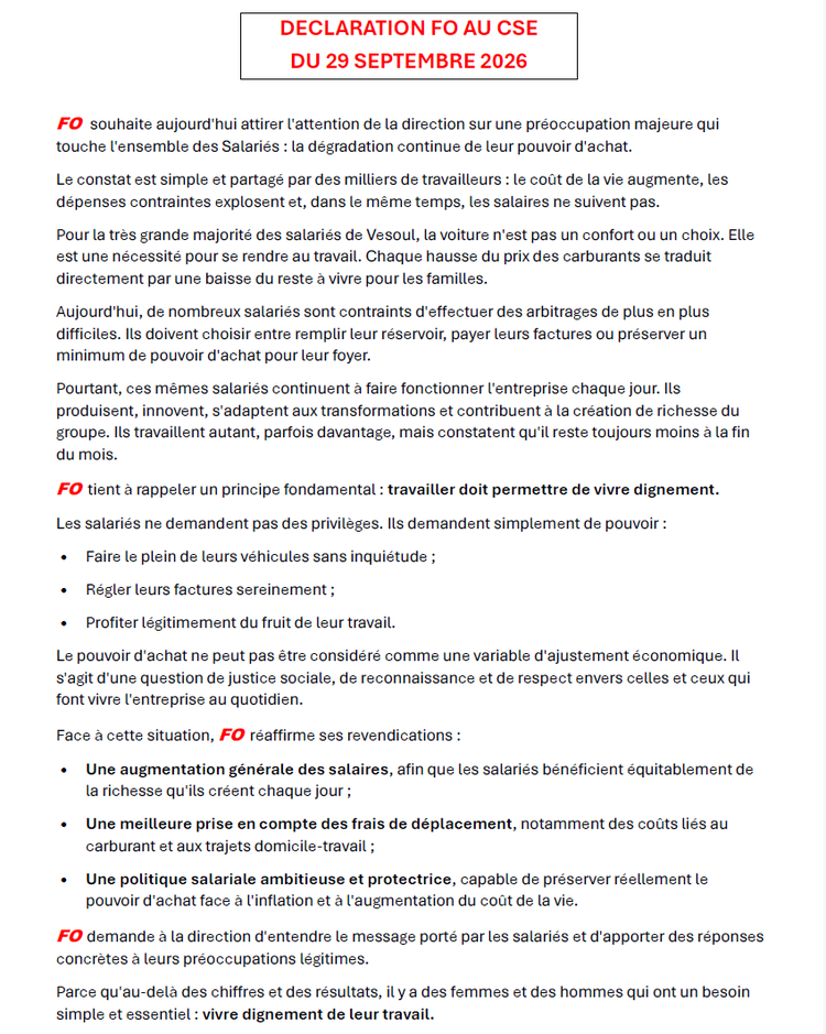 Déclaration FO au CSE du 29 Septembre 2026