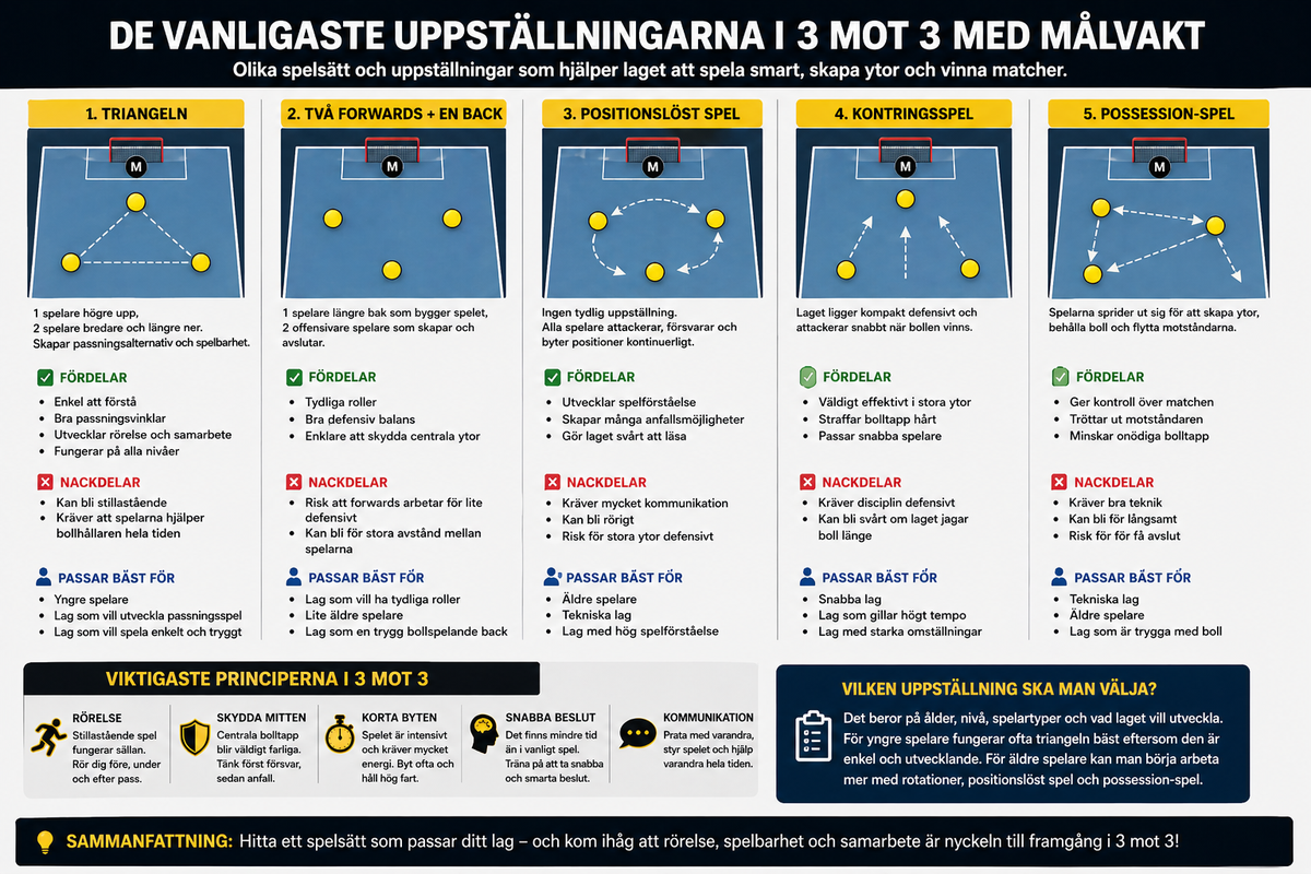 De vanligaste uppställningarna i 3 mot 3 med målvakt i innebandy