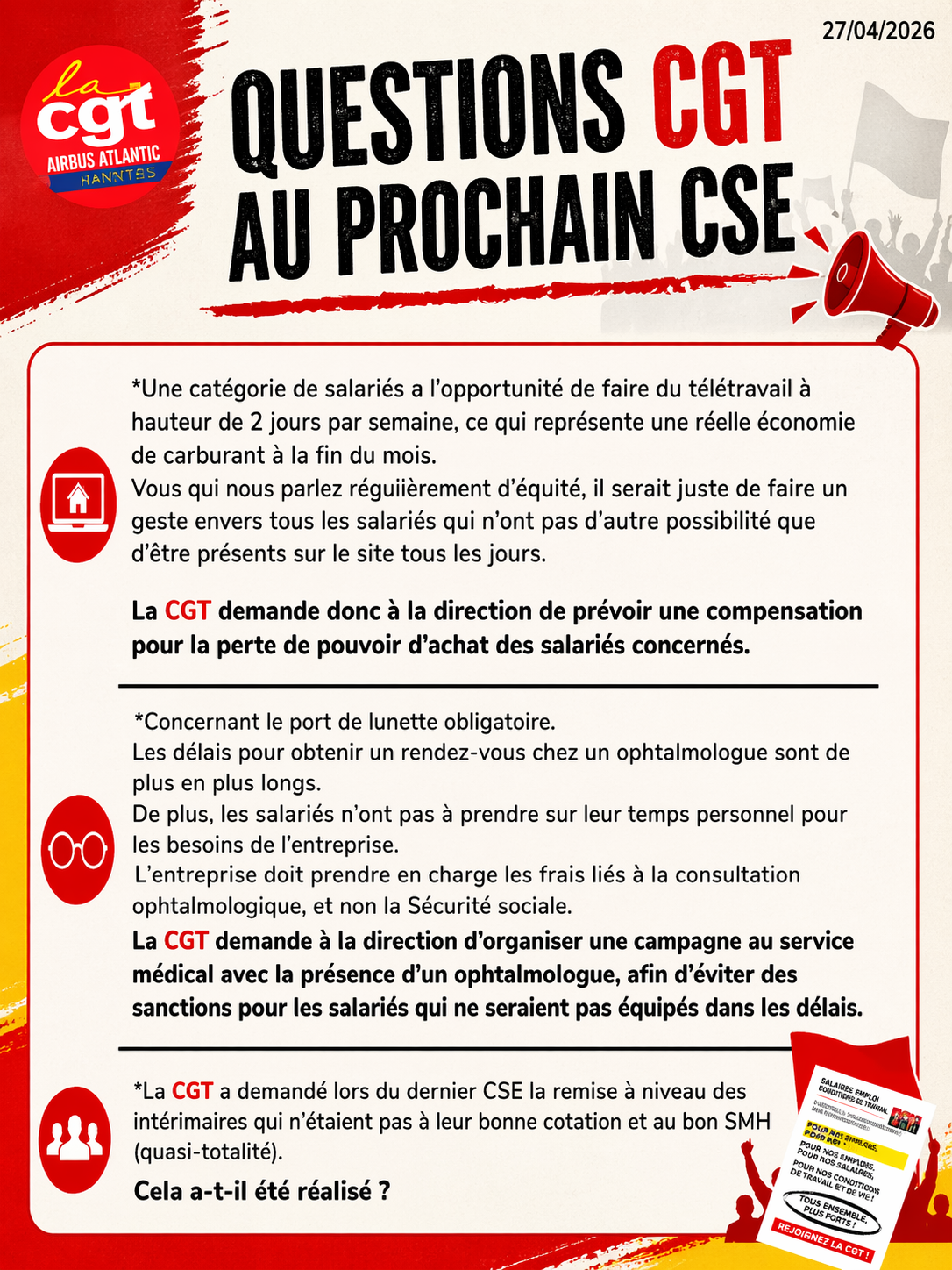 Questions CGT au prochain CSE du 30 avril 2026