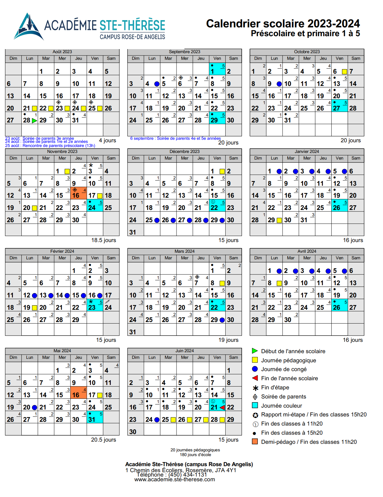 Calendrier 20232024 campus RoseDe Angelis