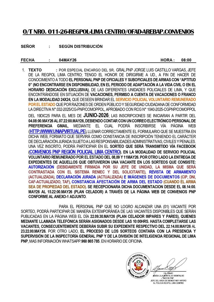 Convocatoria Abierta : Servicio Policial por convenio y Plan Celador - JUN2026