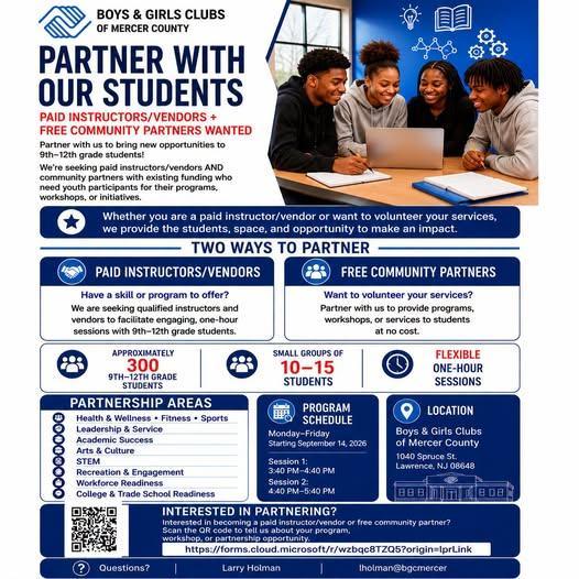  Community partners, Vendors, Organizations:  Partner with the Boys & Girls Clubs of Mercer County 