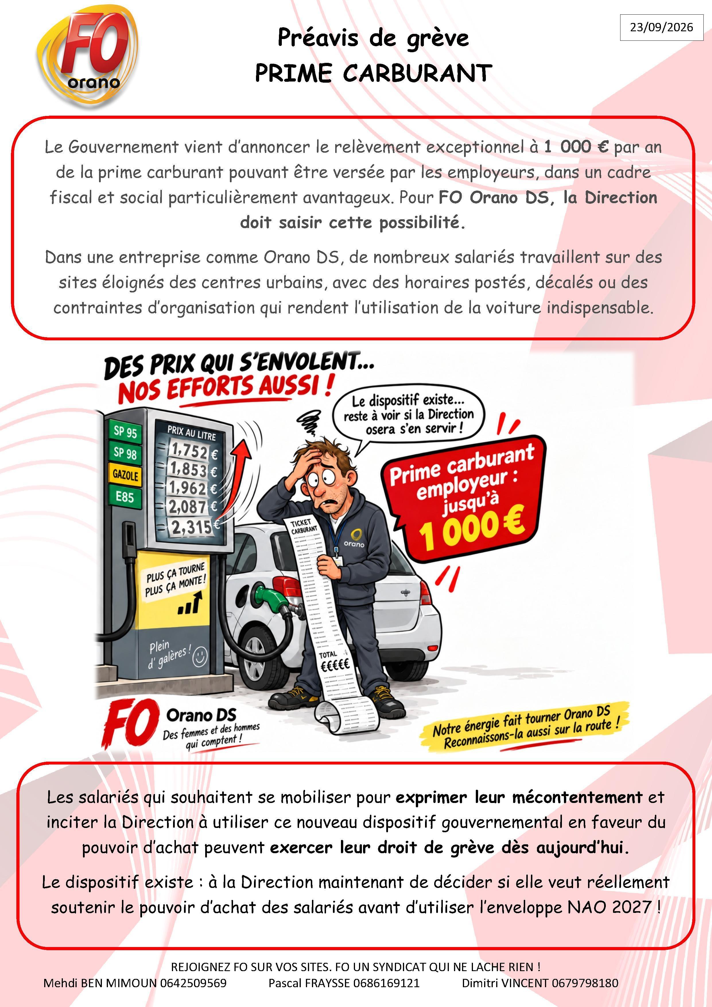 Préavis de grève PRIME CARBURANT