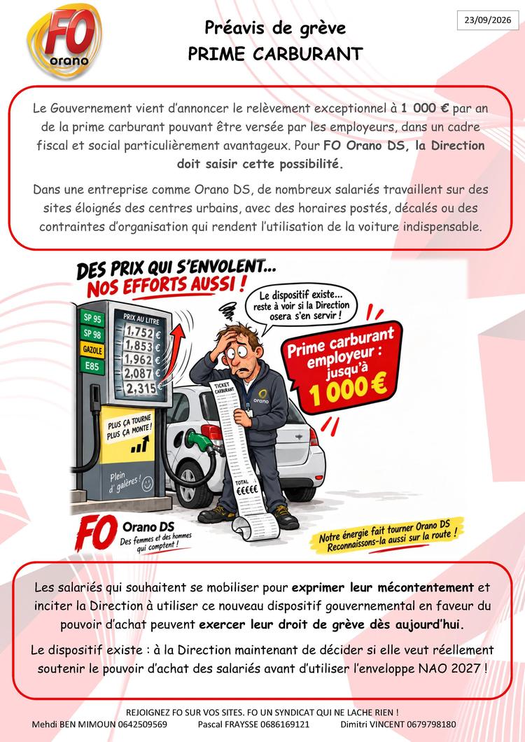 Préavis de grève PRIME CARBURANT