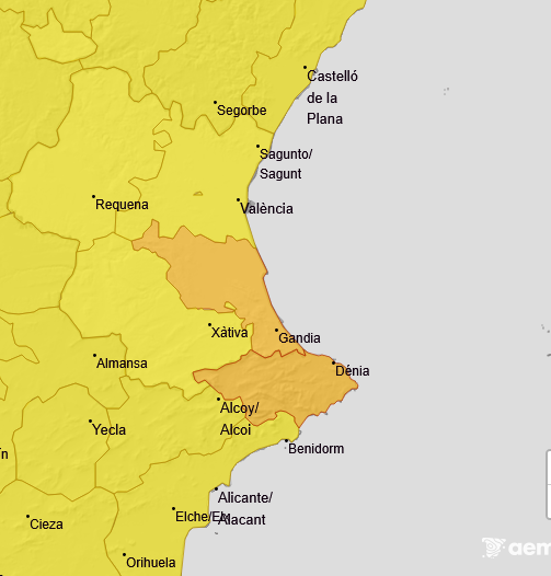 Alerta naranja por fuertes tormentas, granizo y viento en la Marina Alta para este jueves