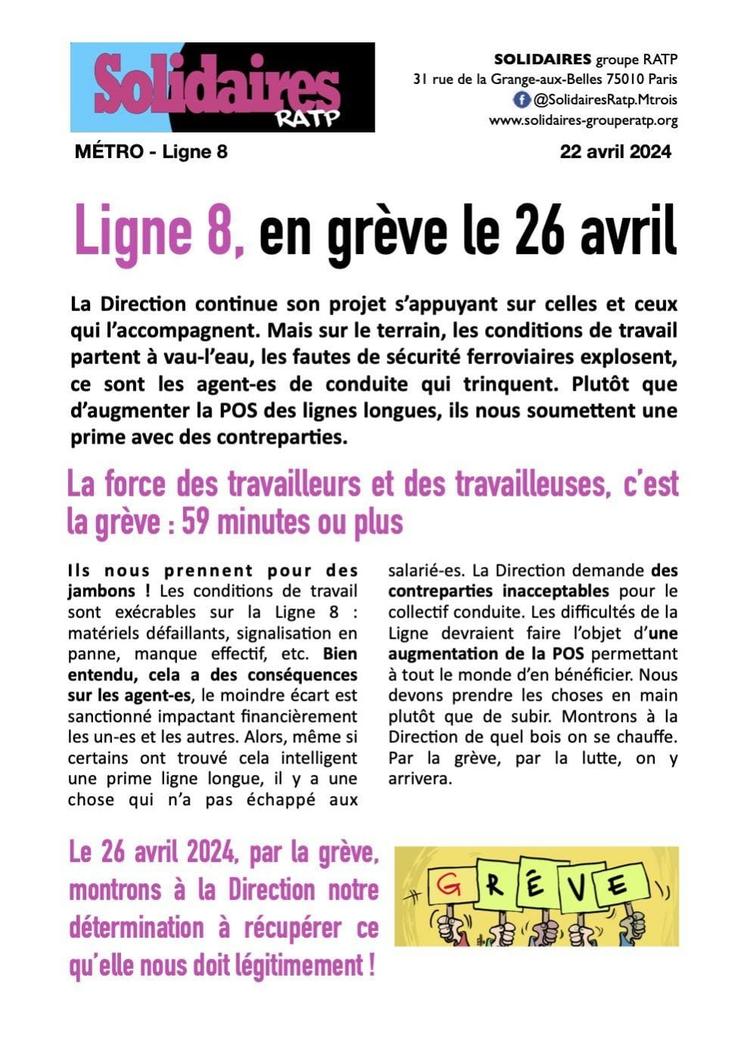Solidaires RATP // Ligne 8, en grève le 26 avril