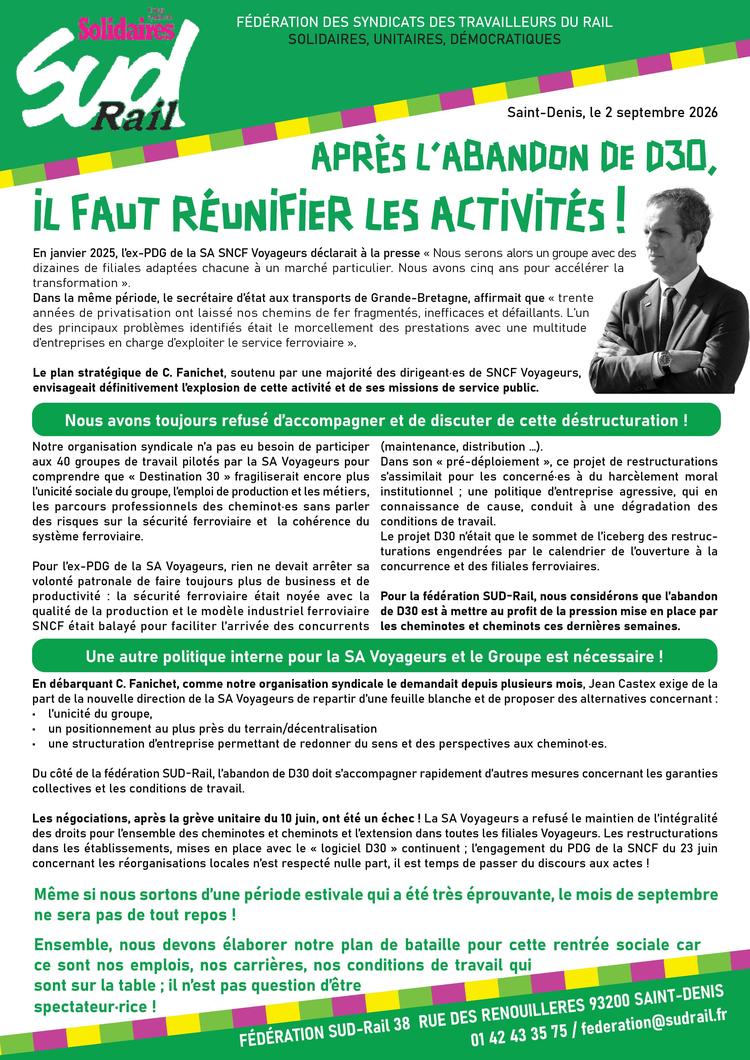 SUD-Rail // Après l'abandon de D30, il faut réunifier les activités !