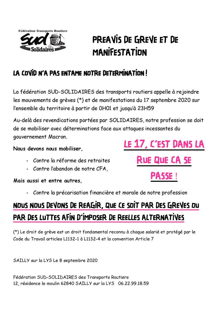 Appel à la grève et manifestation 17 septembre FD SUD Transports Routiers