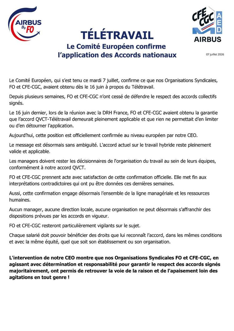 TÉLÉTRAVAIL Le Comité Européen confirme  l’application des Accords nationaux