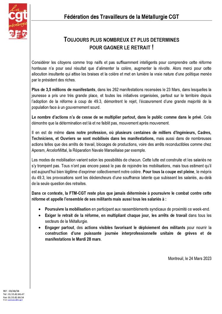 RETRAITES : Déclaration Fédération de la Métallurgie 