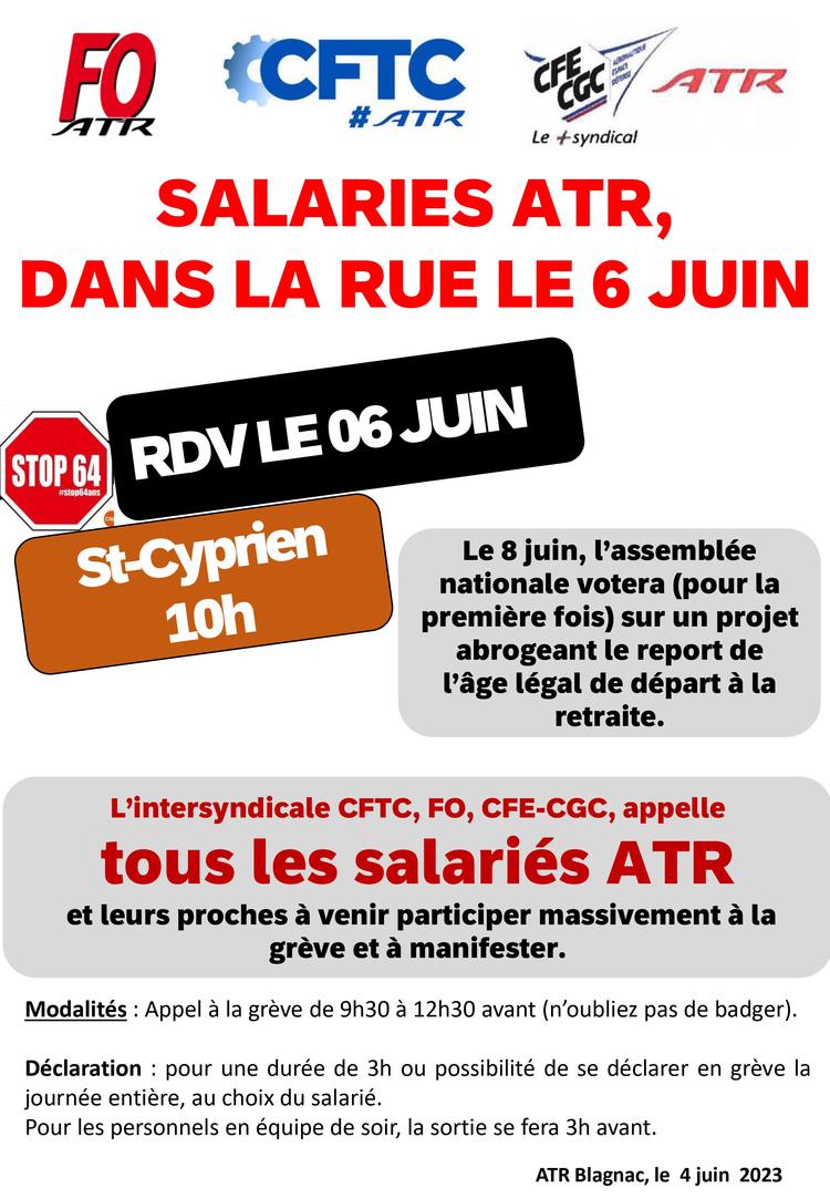 Tract de l'Intersyndicale ATR : 6 juin, manifestation contre la réforme des retraite.