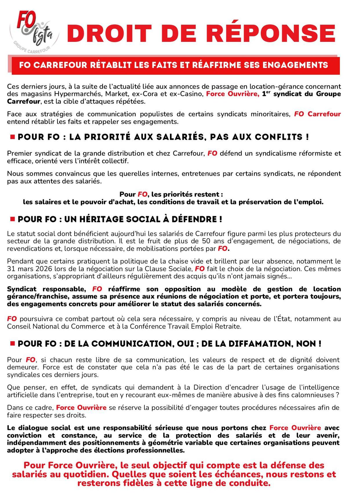 Droit de réponse :      FO CARREFOUR rétablit les faits et réaffirme ses engagements 