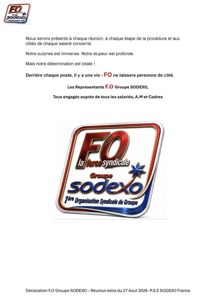 Déclaratio FO Groupe SODEXO dans tous les C.S.E de la réunion extra du 27 Aout 2026