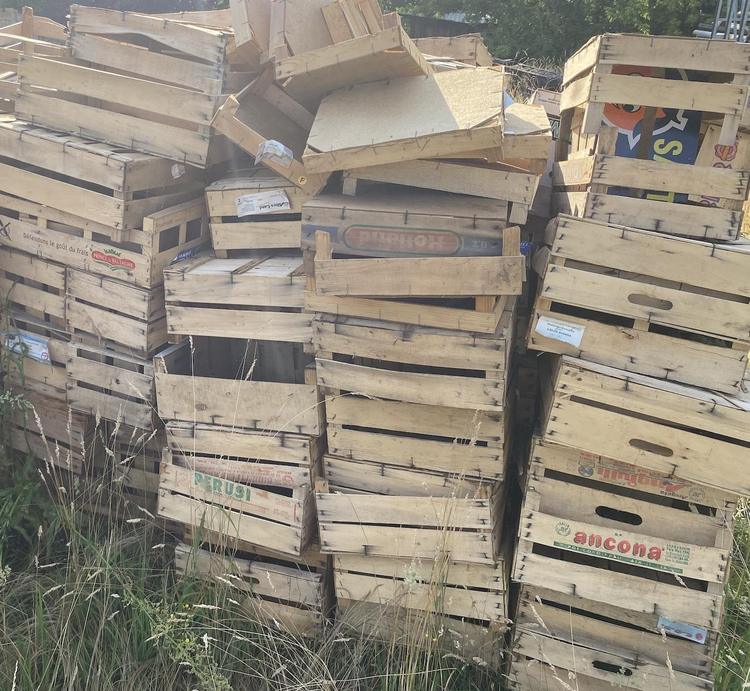 Anzuchttöpfe, Obstkisten und Holz für den Feuerkorb zu verschenken.