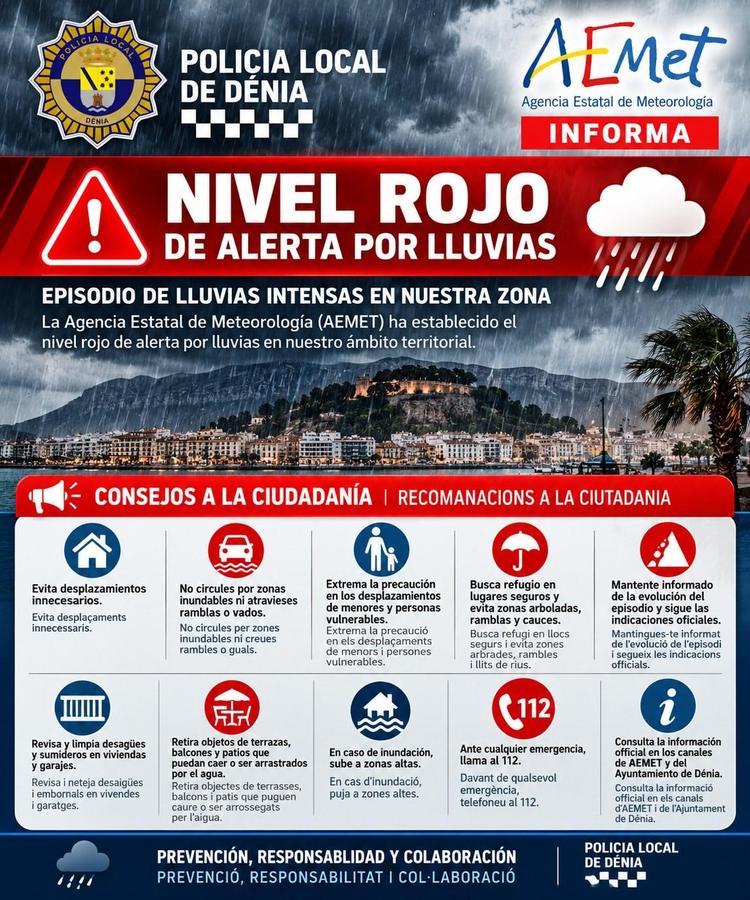 La Marina Alta en alerta roja por lluvias ante el riesgo de inundaciones para este domingo y lunes