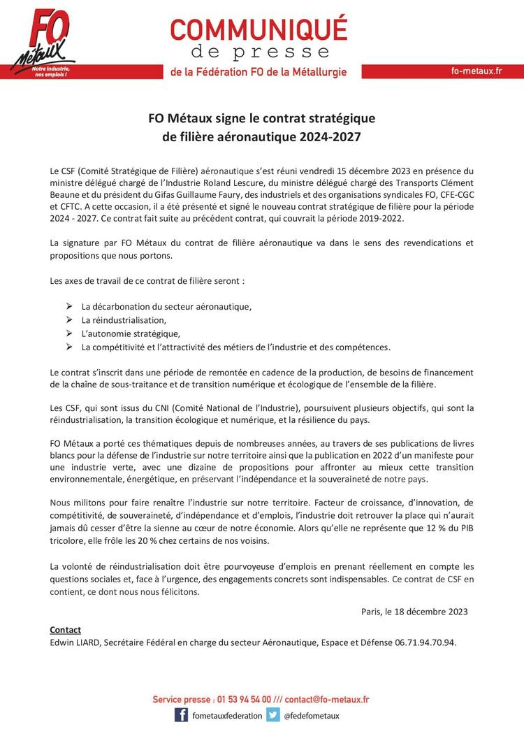 FO Métaux signe le contrat stratégique de la filière aéronautique 2024-2027