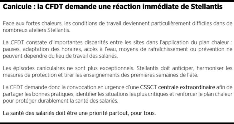 Comission Santé Sécurité Conditions de Travail  centrale concernant le plan chaleur.  Demandée par la CFDT. 