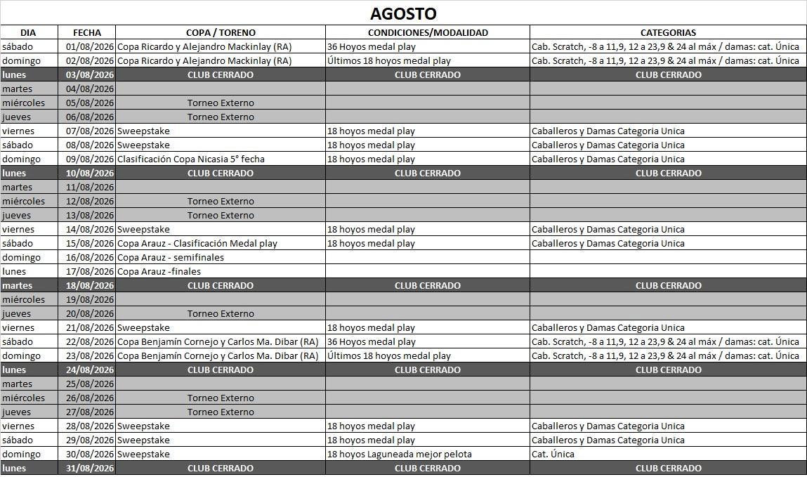 FIXTURE AGOSTO 2026