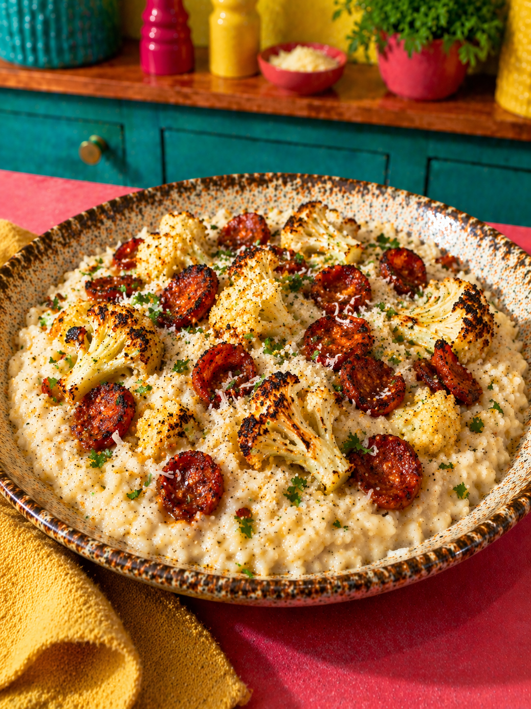 Risotto de chou-fleur, parmesan & chorizo croustillant