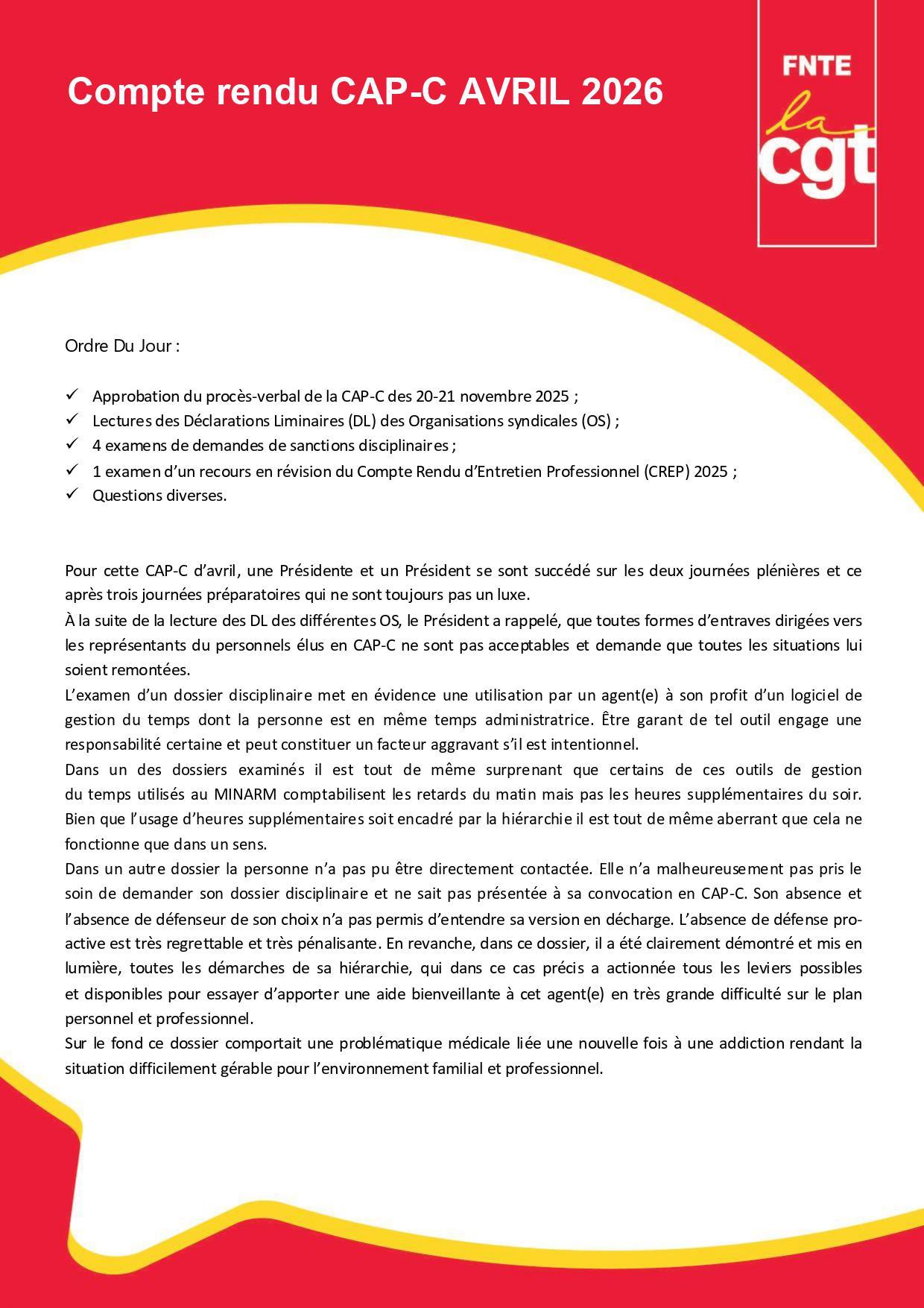 CAP C : Déclaration Liminaire et Compte-Rendu du mois d'avril 2026