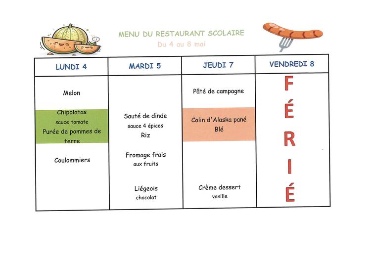 Menu de la cantine du 4/7 Mai 