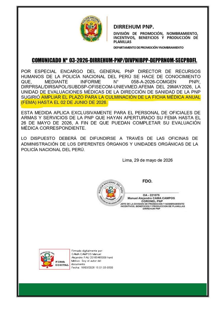 Amplían fecha límite para la FEMA del personal de oficiales PNP