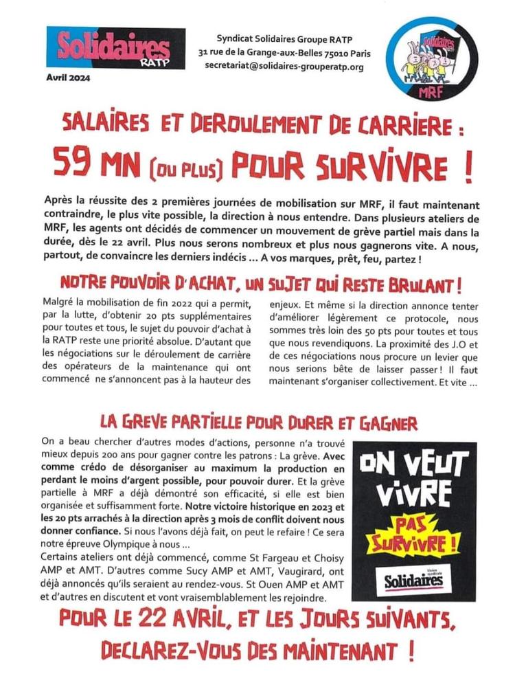 Solidaires RATP // Salaires et déroulement de carrière, 59 mn pour survivre !
