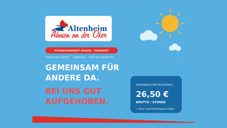  Altenheim "Ahnsen an der Oker" sucht Pflegefachkraft (m/w/d) im Tagesdienst!  